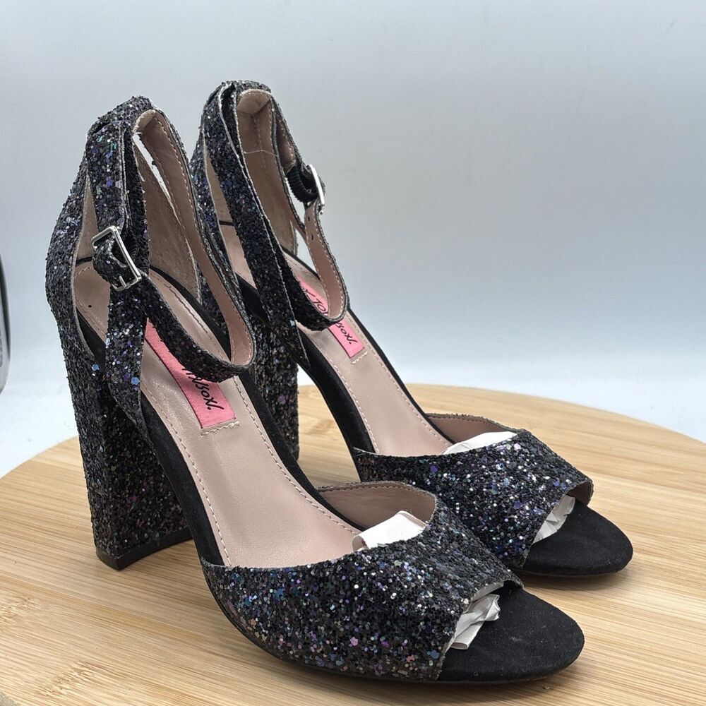 Betsey Johnson Glissten Black Glitter Peep Toe Block Heel Ankle Strap Shoes 6